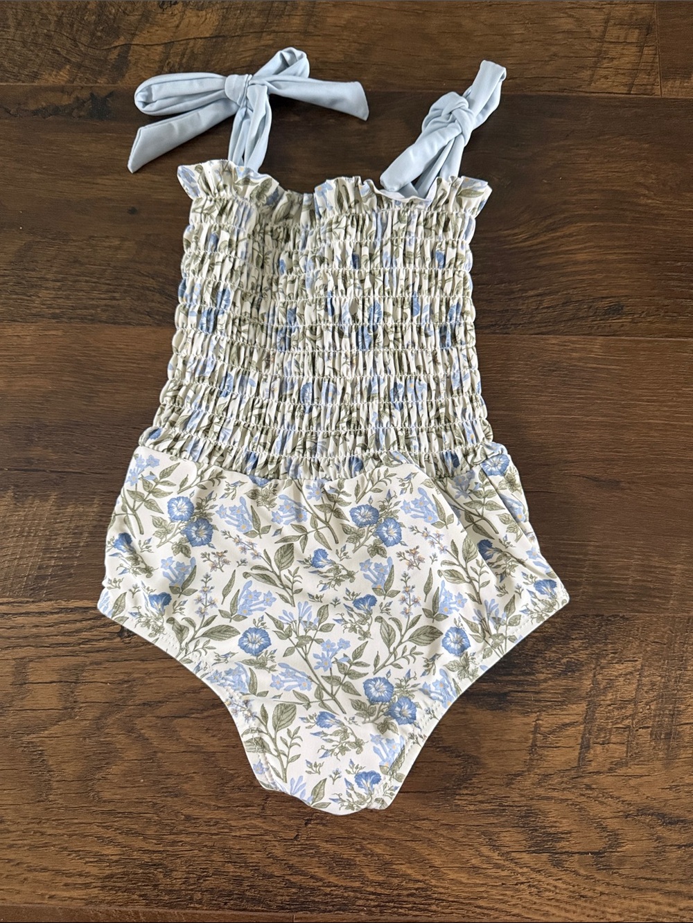 Smocked Floral One-Piece Swimsuit - Blue & Cream